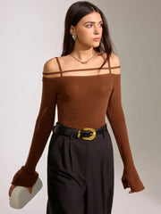 Flared Cuff Wool Blend Off-Shoulder Knit Top