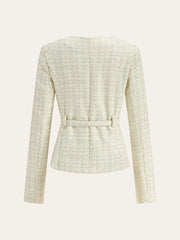 Metal Button Tweed Belted Blazer