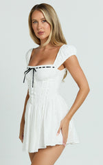 Chester Mini Dress - Cap Sleeve Corset Waist Fit And Flare Broiderie Dress in White