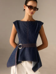 Denim Peplum Belted Top with Asymmetric Hem