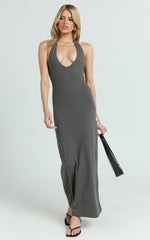 Honey Maxi Dress - Halter Plunge Bodycon Dress in Charcoal