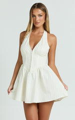 Raina Mini Dress - Halterneck Corset Waist Gathered Skirt Dress in Cream