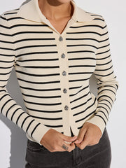 Metal Button Striped Collared Cardigan