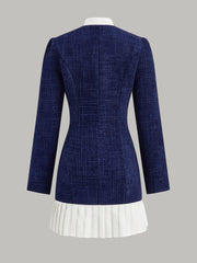 Pleated Hem Bow Neckline Tweed Mini Dress