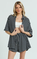 Dylan Two Piece Set - Striped Waffle Shirt and Short Set in Black & White Stripe
