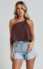 Analia Top - Linen Look One Shoulder Knot Detail Top in Chocolate