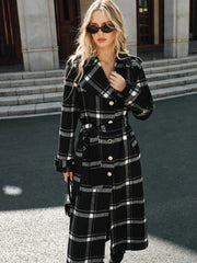 Plaid Belted Wool Blend Trench Coat