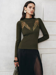 Sheer Lace Panel Mock Neck Sweater