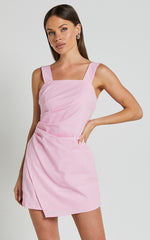 Abby Mini Dress - Straight Neck Wide Strap Wrap Dress in Pink