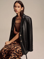 Snake Print Metal Button PU Leather Blazer