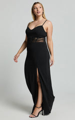 Carmen Midi Dress - Sheer Corset Panel High Split Dress in Black