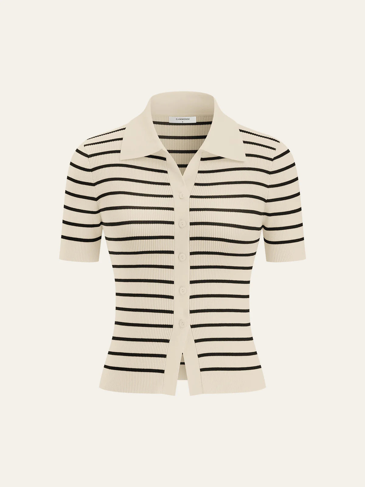 Striped Short-Sleeve Polo Collar Knit Cardigan