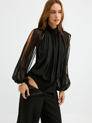 Sheer Chiffon Mock Neck Backless Blouse