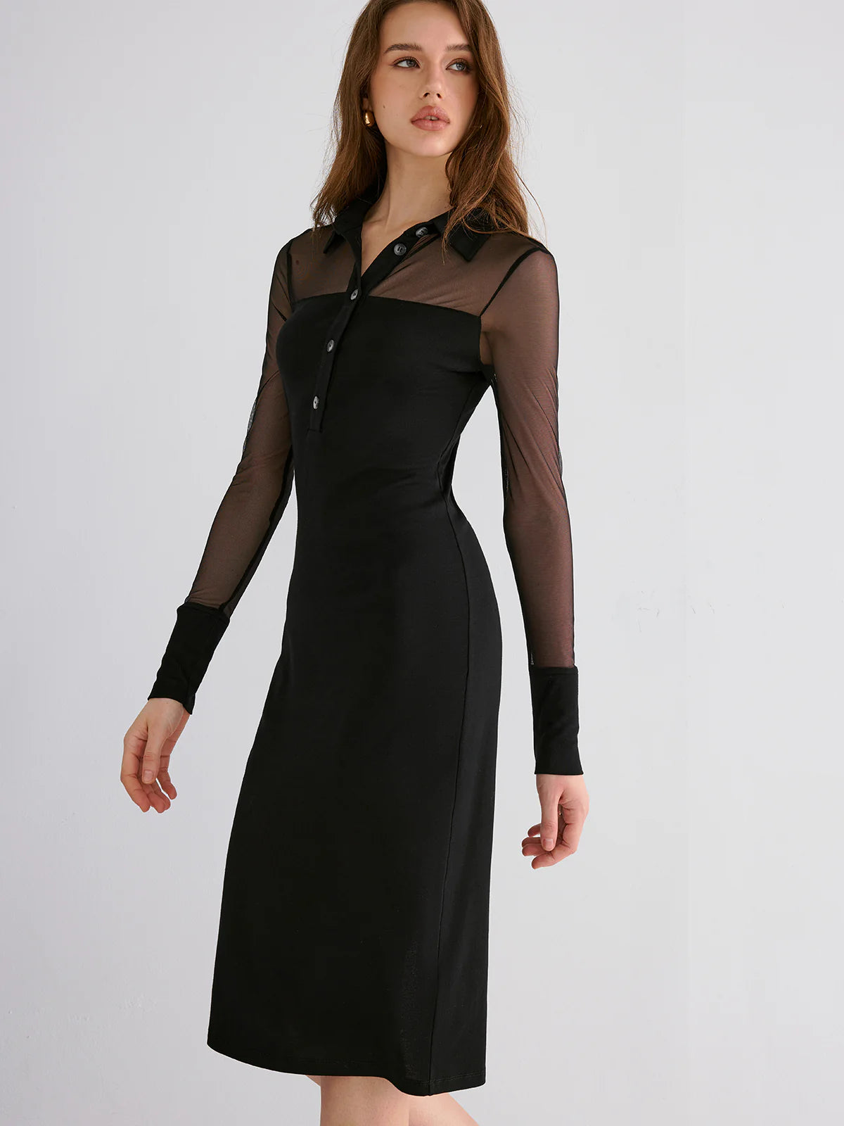 Contrast Mesh Collared Midi Dress