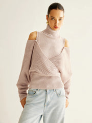 Oversized Wool-Blend Turtleneck Cinched Knit Top