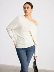 Off-Shoulder Pearl Embellished Wool Blend Sweater