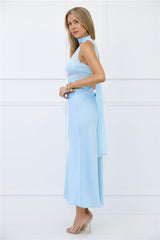 Sapphire Diva Halter Mesh Satin Maxi Dress Blue