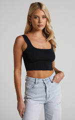 Emlei Top - Square Neck Cropped Knit Top in Black