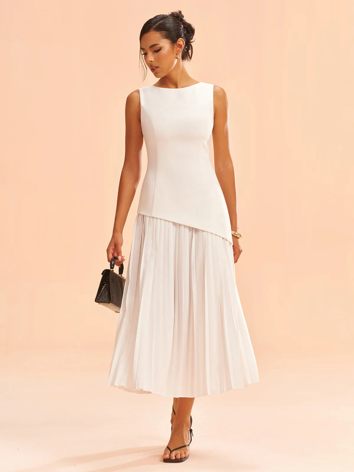 Sleeveless Asymmetric Pleated Midi Dress