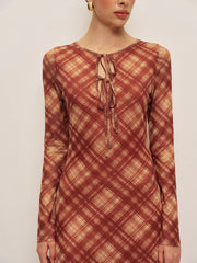 Plaid Tie-Front Long Sleeve Dress