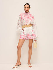 Floral Print Pleated Shorts Set Without Belt
