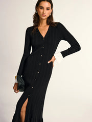 Ruffled Hem Button Front V-Neck Maxi Dress