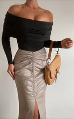 Ermalen Bodysuit - Folded Off Shoulder Long Sleeve Bodysuit in Black