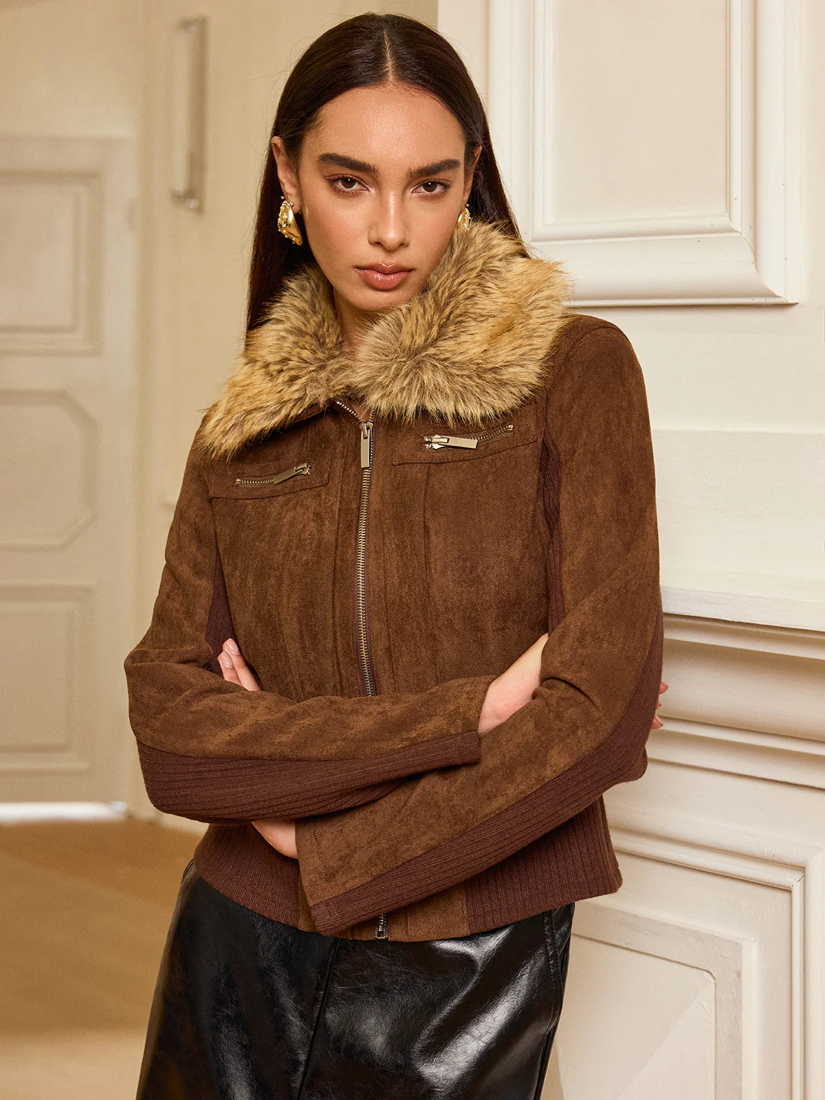 Faux Fur Collar Knit Panel Suede Effect Jacket