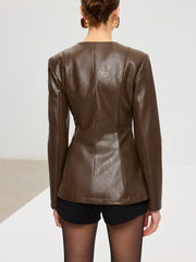 Metal Button Fitted PU Leather Jacket