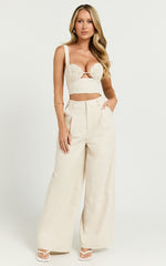 Hadley Two Piece Set - Linen Embroidered Tie Back Top and High Rise Wide Leg Pant in Oatmeal