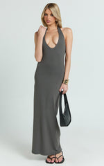 Honey Maxi Dress - Halter Plunge Bodycon Dress in Charcoal