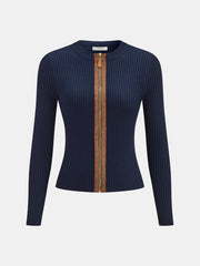Zip-Front Suede Panel Ribbed Knit Top
