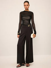 Sheer Mesh Ruched Long-Sleeve Top