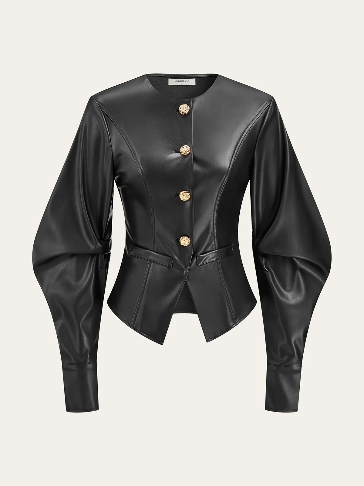 Metal Button Puffed Sleeve PU Leather Jacket