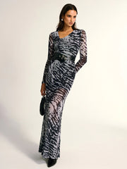 Long Sleeve Ruched Abstract Print Dress