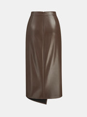 Ruched Slit PU Leather Midi Skirt