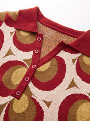 Vintage Print Polo Collar Sweater Dress