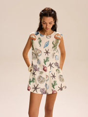 Seashell Print Sleeveless Top and Shorts Set