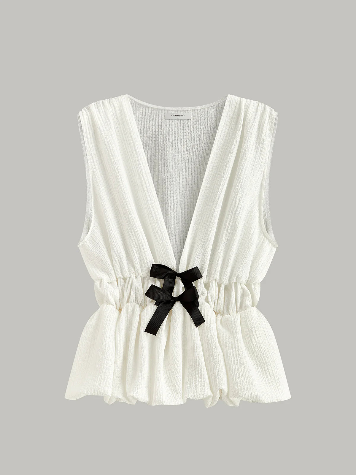 V-Neck Gathered Waist Bow-Detail Top