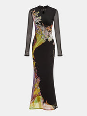 Mesh Long Sleeve Floral Print Maxi Dress