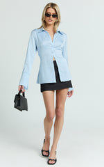 Natalie Top - Button Up Flared Sleeve Shirt in Light Blue
