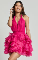 Addison Mini Dress - Halter Neck Plunge Tiered Tulle Dress in Hot Pink
