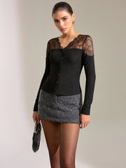 Lace Panel Ribbed Knit T-Shirt