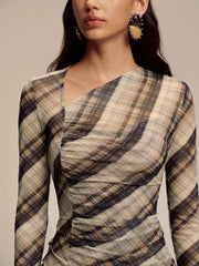 Semi-Sheer Mesh Asymmetric Ruched Blouse