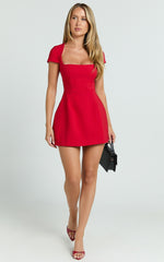Yuna Mini Dress - Cap Sleeve Open Back Fit And Flare Tulip Dress in Red
