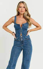 Bellerose Top - Front Zip Denim Fitted Top in Dark Blue Wash
