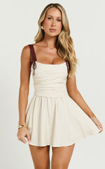 Tommy Mini Dress - Linen Ruched Bodice Laced Back Gathered Skirt Dress in Cream