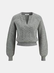 Cable Knit V-neck Puff Sleeve Sweater