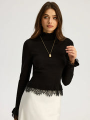 Lace Trim Mock Neck Knit Top