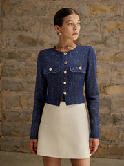 Metal Button Sequin Tweed Blazer